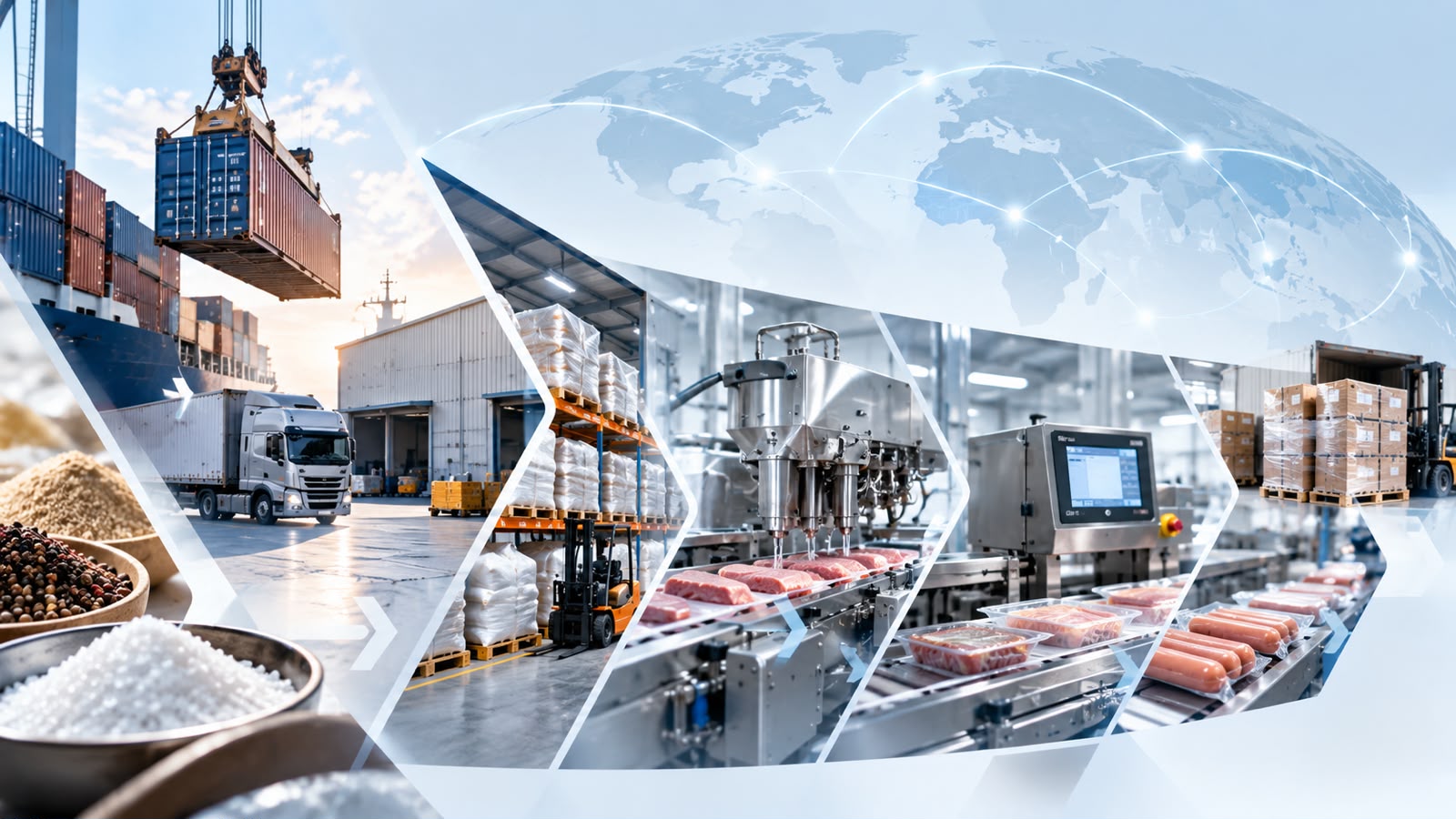 Composición de logística, ingredientes, procesamiento y empaque industrial